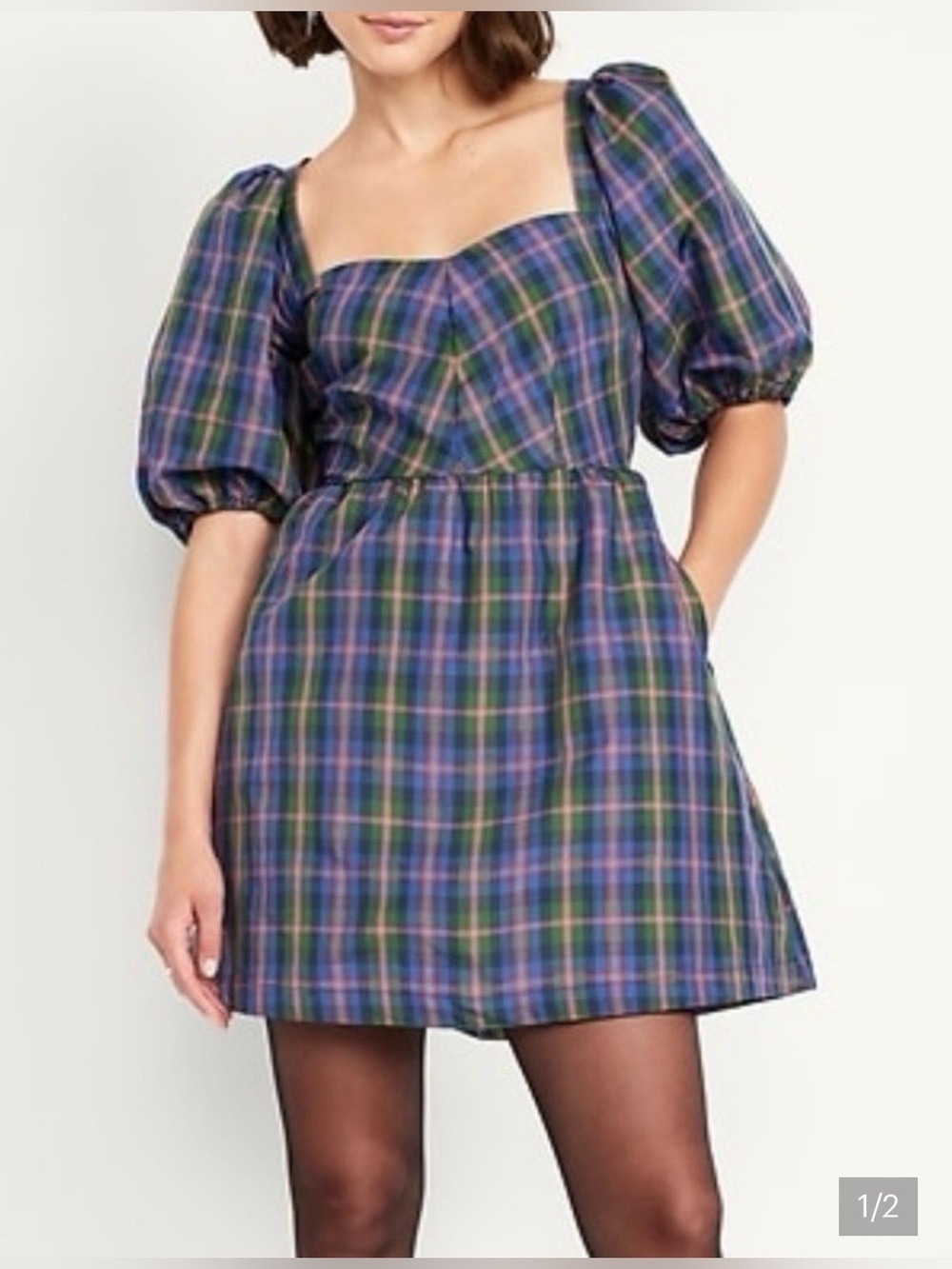 Old Navy Women’s Plaid Taffeta Puff Sleeve Dress, Sz. M